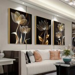 3 pçs preto e dourado flor arte da parede pintura em tela para sala de estar decoração moderna abstrata cartazes decoração casa
