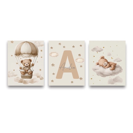 3 pçs/set boêmio urso de pelúcia animal personalizado nome do bebê berçário cartaz da lona estrela nuvem aniversário arte da parede impressão para decoração casa