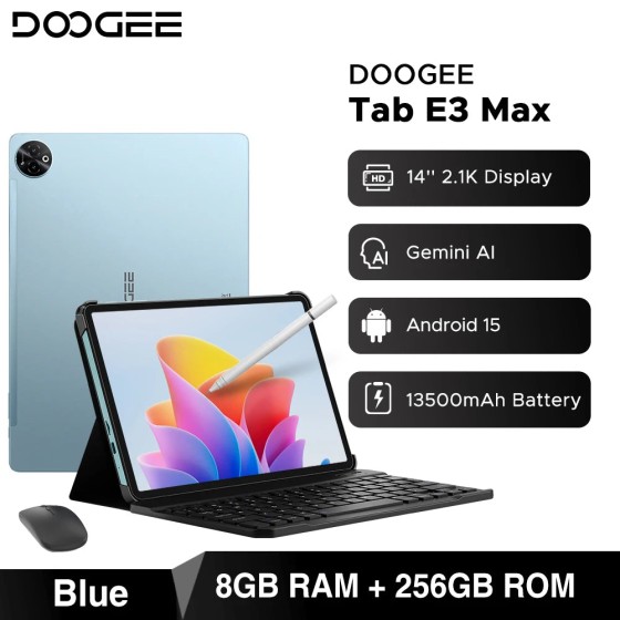 Versão global doogee tab e3 max tablet pc android 15 gemini ai 14 ''2.1k tela 8gb ram 256gb 13500mah bateria grande almofada inteligente