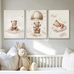 3 pçs/set boêmio urso de pelúcia animal personalizado nome do bebê berçário cartaz da lona estrela nuvem aniversário arte da parede impressão para decoração casa