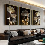 3 pçs preto e dourado flor arte da parede pintura em tela para sala de estar decoração moderna abstrata cartazes decoração casa