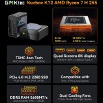 GMKtec K12 Gaming Mini PC AMD Ryzen 7 H 255 (atualizado 8745HS) Mini computadores desktop Radeon 780M WiFi 6E/BT5.2, USB-C, Barebone