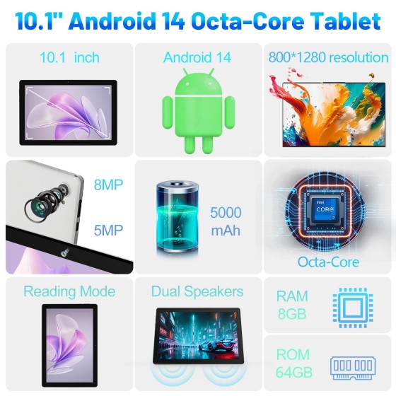 Urao c10 tablet 10.1 Polegada android 14 phablet 8gb (3 + 5) ram 64gb rom (1tb tf) widevine l1 hd octa-core 2.0 ghz wifi6 bluetooth 5.0