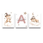 3 pçs/set boêmio urso de pelúcia animal personalizado nome do bebê berçário cartaz da lona estrela nuvem aniversário arte da parede impressão para decoração casa