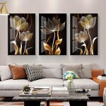 3 pçs preto e dourado flor arte da parede pintura em tela para sala de estar decoração moderna abstrata cartazes decoração casa