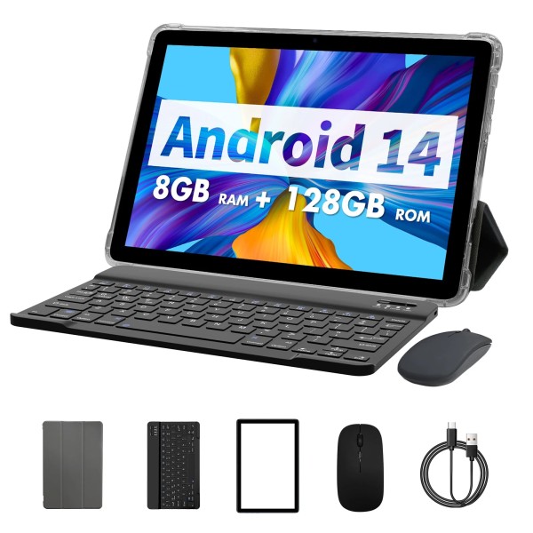 PRITOM TAB11 Android 14 Tablet 10 polegadas, 8 GB (4 + 4 Expansão) RAM + 128 GB ROM, Octa Core, 5G WiFi, com teclado, mouse, estojo