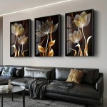 3 pçs preto e dourado flor arte da parede pintura em tela para sala de estar decoração moderna abstrata cartazes decoração casa